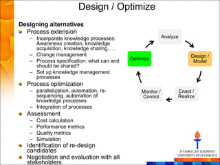 Design / Optimize
Designing alternatives
  Process extension
   – Incorporate knowledge processes:                      Analyze
     Awareness creation, knowledge
     acquisition, knowledge sharing, …
   – Change management                                                Design /
   – Process specification: what can and   Optimize
                                                                       Model
     should be shared?
   – Set up knowledge management
     processes
  Process optimization
   – parallelization, automation, re-          Monitor /         Enact /
     sequencing, automation of                 Control           Realize
     knowledge processes
   – Integration of processes
  Assessment
   –   Cost calculation
   –   Performance metrics
   –   Quality metrics
   –   Simulation
  Identification of re-design
  candidates
  Negotiation and evaluation with all
  stakeholders
 
