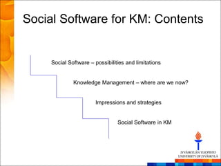 Social Software for KM: Contents


     Social Software – possibilities and limitations


              Knowledge Management – where are we now?


                       Impressions and strategies


                                 Social Software in KM
 