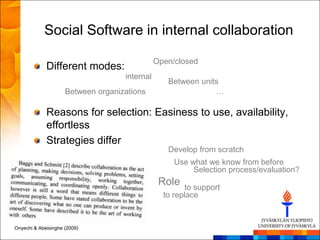 Social Software in internal collaboration

                                               Open/closed
             Different modes:
                                    internal
                                                  Between units
                     Between organizations                    …

             Reasons for selection: Easiness to use, availability,
             effortless
             Strategies differ
                                                  Develop from scratch
                                                    Use what we know from before
                                                         Selection process/evaluation?
                                                Role   to support
                                                 to replace



Onyechi & Abeisinghe (2009)
 