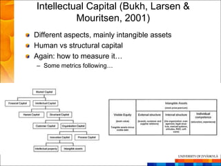Intellectual Capital (Bukh, Larsen &
          Mouritsen, 2001)
Different aspects, mainly intangible assets
Human vs structural capital
Again: how to measure it…
– Some metrics following…
 