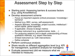 Assessment Step by Step
Starting point: Assessing barriers & success factors
(e.g. using KnowMetrics)
Develop assessment scheme
– Focus on important aspects (critical processes / knowledge /
  barriers)!
– Method (e.g. BSC, survey, self-assessment)
– Aspects (Barriers, knowledge, project success, intellectual /
  social capital, global aspects)
– If applicable: choose & design metrics
– Develop instrument (e.g. questionnaires, tools, …)
– For analyzing relations and in-depth understanding of those:
  qualitative methods, e.g. expert interviews
– Embed instrument as / with interventions
– Define schedule
Perform continuous analysis
Share results on different aggregation level (e.g. KPI
for management, qualitative analysis for managers)
Evaluate assessment (did we measure what we
intended to measure)
 