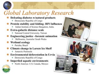 Global Laboratory Research Defeating diabetes w/natural products Democratic Republic of Congo Protein stability and folding- HIV/influenza Indian Institute of Science Bangalore, India. Extra-galactic distance scale National Central University, Taiwan Engineering justice –forensic animation Melbourne, Australia/ South Wales Wetland ecology Pariaba, Brazil Climate change in Larsen Ice Shelf Antarctic Peninsula Environmental deforestation in Urvia Democratic Republic of Congo Imperiled aquatic environments North America- U.S. Canada, Mexico 