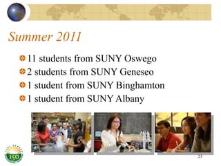 Summer 2011 11 students from SUNY Oswego 2 students from SUNY Geneseo 1 student from SUNY Binghamton 1 student from SUNY Albany 