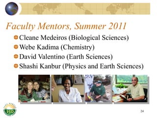 Faculty Mentors, Summer 2011 Cleane Medeiros (Biological Sciences) Webe Kadima (Chemistry) David Valentino (Earth Sciences) Shashi Kanbur (Physics and Earth Sciences) 