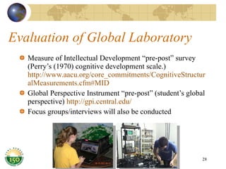 Evaluation of Global Laboratory Measure of Intellectual Development “pre-post” survey (Perry’s (1970) cognitive development scale.)  http://www.aacu.org/core_commitments/CognitiveStructuralMeasurements.cfm#MID Global Perspective Instrument “pre-post” (student’s global perspective)  http://gpi.central.edu/ Focus groups/interviews will also be conducted 