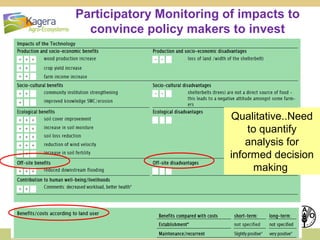 Participatory Monitoring of impacts to
convince policy makers to invest

Qualitative..Need
to quantify
analysis for
informed decision
making

20

 