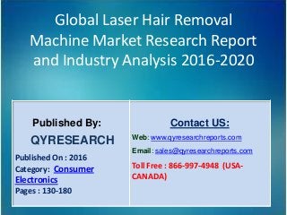 Global Laser Hair Removal
Machine Market Research Report
and Industry Analysis 2016-2020
Published By:
QYRESEARCH
Published On : 2016
Category: Consumer
Electronics
Pages : 130-180
Contact US:
Web: www.qyresearchreports.com
Email: sales@qyresearchreports.com
Toll Free : 866-997-4948 (USA-
CANADA)
 