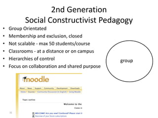 31
2nd Generation
Social Constructivist Pedagogy
• Group Orientated
• Membership and exclusion, closed
• Not scalable - max 50 students/course
• Classrooms - at a distance or on campus
• Hierarchies of control
• Focus on collaboration and shared purpose
group
 