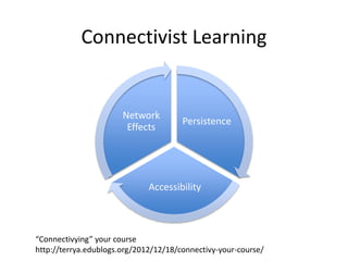 Connectivist Learning
Persistence
Accessibility
Network
Effects
“Connectivying” your course
http://terrya.edublogs.org/2012/12/18/connectivy-your-course/
 