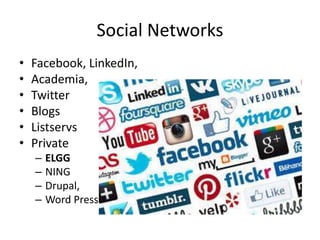 Social Networks
• Facebook, LinkedIn,
• Academia,
• Twitter
• Blogs
• Listservs
• Private
– ELGG
– NING
– Drupal,
– Word Press
 