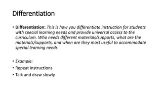 Differentiation
• Differentiation: This is how you differentiate instruction for students
with special learning needs and provide universal access to the
curriculum. Who needs different materials/supports, what are the
materials/supports, and when are they most useful to accommodate
special learning needs
• Example:
• Repeat instructions
• Talk and draw slowly
 
