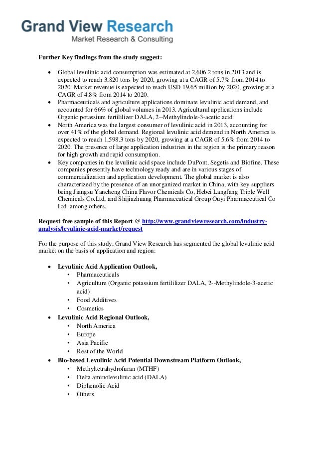 global levulinic acid market is expected Research and markets: global levulinic acid market 2015-2019 with biofine technology, dupont & segetis dominating market are expected to. global levulinic acid market is expected Research and markets: global levulinic acid market 2015-2019 with biofine technology, dupont & segetis dominating market are expected to.