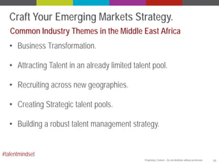 Craft Your Emerging Markets Strategy.
Common Industry Themes in the Middle East Africa
• Business Transformation.
• Attracting Talent in an already limited talent pool.
• Recruiting across new geographies.
• Creating Strategic talent pools.
• Building a robust talent management strategy.
#talentmindset
Proprietary Content – Do not distribute without permission.

15

 