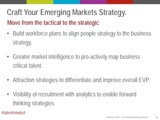 Craft Your Emerging Markets Strategy.
Move from the tactical to the strategic
• Build workforce plans to align people strategy to the business
strategy.
• Greater market intelligence to pro-actively map business
critical talent.
• Attraction strategies to differentiate and improve overall EVP.
• Visibility of recruitment with analytics to enable forward
thinking strategies.
#talentmindset
Proprietary Content – Do not distribute without permission.

16

 