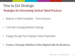 Time to Get Strategic
Strategies for Overcoming Tactical Talent Practices
• Build on a Solid Foundation – Team Structure.
• Craft Your Emerging Markets Strategy.
• Engage through Your Employee Value Proposition.
• Create a Strategic Workforce Plan Aligned with the Business.

Proprietary Content – Do not distribute without permission.

21

 