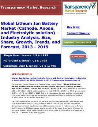 Transparency Market Research

Global Lithium Ion Battery
Market (Cathode, Anode,
and Electrolytic solution) Industry Analysis, Size,
Share, Growth, Trends, and
Forecast, 2013 - 2019
Single User License: US $ 4795

Buy Now
Request Sample

Published Date: Nov 2013

75 Pages Report

Multi User License: US $ 7795
Corporate User License: US $ 10795
REPORT DESCRIPTION
Lithium Ion Battery Market (Cathode, Anode, and Electrolytic Solution) is Expected
to Reach USD 33.11 Billion Globally in 2019: Transparency Market Research
Transparency Market Research is Published new Market Report “Global Lithium Ion
Battery Market(Cathode, Anode, and Electrolytic solution) - Industry Analysis,
Size, Share, Growth, Trends, and Forecast, 2013- 2019", the global market was worth
USD 11.70 billion in 2012 and is expected to reach USD 33.11 billion in 2019, growing at a
CAGR of 14.4% from 2013 to 2019. Due to the increasing demand and huge potential of
lithium-ion battery in consumer, automotive and industrial sectors, Asia Pacific was the
largest market for lithium-ion batteries in 2012.
The lithium-ion battery market is primarily driven by improving efficiency of battery and
increasing application in EVs and HEVs and energy, medical and military. In addition,
stringent government regulations related to carbon emissions in regions such as Europe,
North America and China is supporting its growth. At the same time, higher life cycle as
compared to lead nickel, nickel cadmium and nickel metal hydride batteries is expected to
increase L-I demand in the coming years.

 