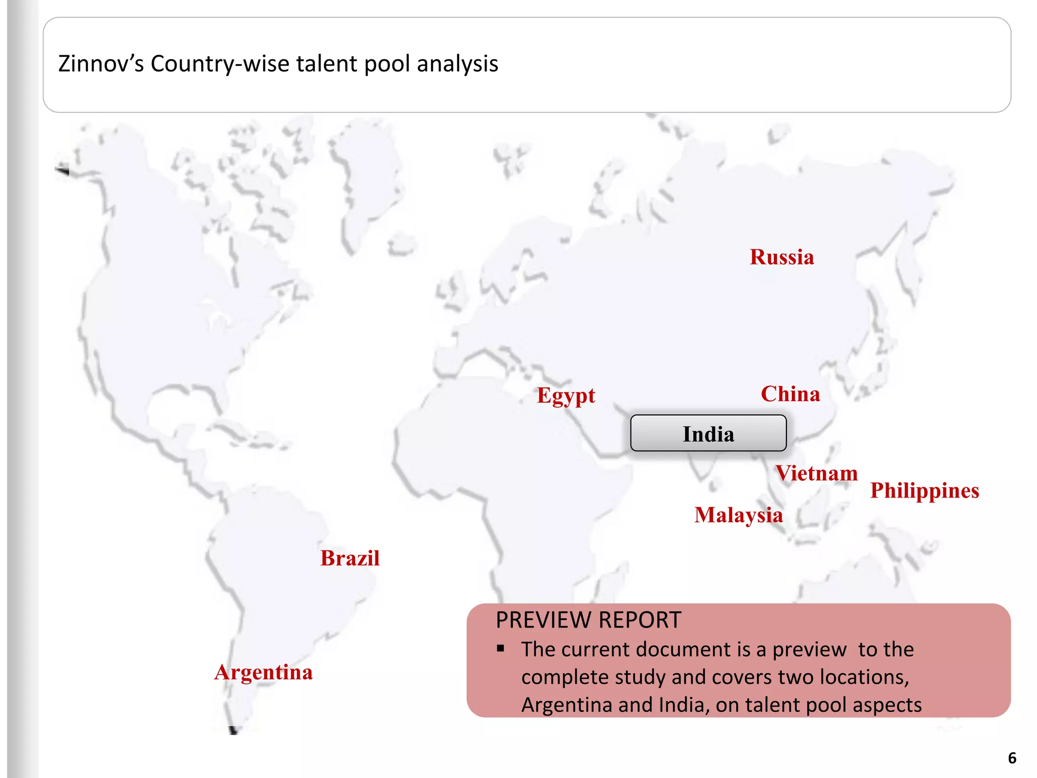 Zinnov’s Country-wise talent pool analysis




                                                                    Russia




                                             Egypt                   China
                                                            India
                                                                      Vietnam
                                                                                Philippines
                                                             Malaysia
                          Brazil

                                         PREVIEW REPORT
                                          The current document is a preview to the
              Argentina                    complete study and covers two locations,
                                           Argentina and India, on talent pool aspects

                                                                                              6
 
