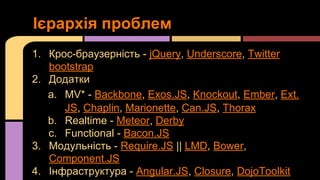 Ієрархія проблем
1. Крос-браузерність - jQuery, Underscore, Twitter
bootstrap
2. Додатки
a. MV* - Backbone, Exos.JS, Knockout, Ember, Ext.
JS, Chaplin, Marionette, Can.JS, Thorax
b. Realtime - Meteor, Derby
c. Functional - Bacon.JS
3. Модульність - Require.JS || LMD, Bower,
Component.JS
4. Інфраструктура - Angular.JS, Closure, DojoToolkit

 