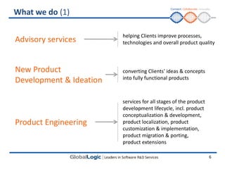 What we do (1)

                         helping Clients improve processes,
Advisory services        technologies and overall product quality



New Product              converting Clients' ideas & concepts
                         into fully functional products
Development & Ideation

                         services for all stages of the product
                         development lifecycle, incl. product
                         conceptualization & development,
Product Engineering      product localization, product
                         customization & implementation,
                         product migration & porting,
                         product extensions

                                                                  6
 