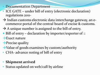 • Documentation Department
• ICE GATE – under bill of entry (electronic declaration)

regulations 2011 Indian customs electronic data interchange gateway, an ecommerce portal of the central board of excise & customs.
 A unique number is assigned to the bill of entry.
 Bill of entry – declaration by importer/exporter of ::
Exact nature
Precise quality
Value of goods examines by custom/authority
• CHA- advance noting of bill of entry
• Shipment arrived
• Status updated on web/call by airline

 