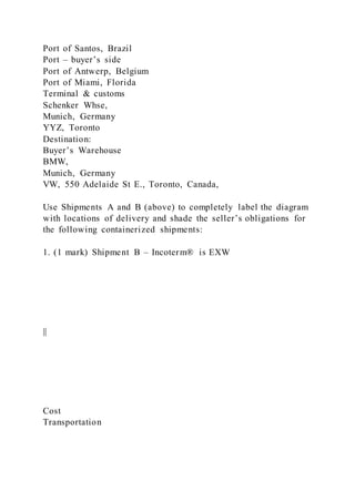 Port of Santos, Brazil
Port – buyer’s side
Port of Antwerp, Belgium
Port of Miami, Florida
Terminal & customs
Schenker Whse,
Munich, Germany
YYZ, Toronto
Destination:
Buyer’s Warehouse
BMW,
Munich, Germany
VW, 550 Adelaide St E., Toronto, Canada,
Use Shipments A and B (above) to completely label the diagram
with locations of delivery and shade the seller’s obligations for
the following containerized shipments:
1. (1 mark) Shipment B – Incoterm® is EXW
||
Cost
Transportation
 
