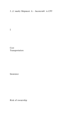 3. (1 mark) Shipment A – Incoterm® is CPT
||
Cost
Transportation
Insurance
Risk of ownership
 