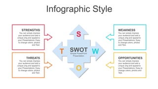 Infographic Style
S
W
O
T SWOT
Simple PowerPoint
Presentation
You can simply impress
your audience and add a
unique zing and appeal to
your Presentations. Easy
to change colors, photos
and Text.
WEAKNESS
You can simply impress
your audience and add a
unique zing and appeal to
your Presentations. Easy
to change colors, photos
and Text.
THREATS
You can simply impress
your audience and add a
unique zing and appeal to
your Presentations. Easy to
change colors, photos and
Text.
OPPORTUNITIES
You can simply impress
your audience and add a
unique zing and appeal to
your Presentations. Easy
to change colors, photos
and Text.
STRENGTHS
 