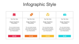 Infographic Style
Your Text Here Your Text Here Your Text Here Your Text Here
Simple PowerPoint
Presentation
Simple PowerPoint
Presentation
Simple PowerPoint
Presentation
Simple PowerPoint
Presentation
You can simply impress
your audience and add a
unique zing and appeal to
your Presentations.
You can simply impress
your audience and add a
unique zing and appeal to
your Presentations.
You can simply impress
your audience and add a
unique zing and appeal to
your Presentations.
You can imply impress
your audience and add a
unique zing and appeal to
your Presentations.
$29.99 $14.99 $10.99 $9.99
 