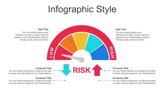 Infographic Style
RISK You can simply impress your audience and add
a unique zing and appeal to your Presentations.
Contents Title
You can simply impress your audience and add
a unique zing and appeal to your Presentations.
Contents Title
You can simply impress your audience and add
a unique zing and appeal to your Presentations.
Contents Title
You can simply impress your audience and add
a unique zing and appeal to your Presentations.
Contents Title
You can simply impress your
audience and add a unique zing and
appeal to your Presentations. Easy to
change colors, photos and Text.
Add Title
You can simply impress your
audience and add a unique zing and
appeal to your Presentations. Easy to
change colors, photos and Text.
Add Title
 