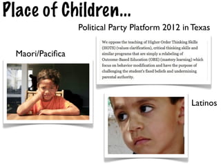Place of Children...
                  Political Party Platform 2012 in Texas

  Maori/Paciﬁca




                                                  Latinos
 