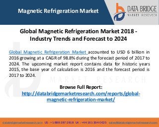 databridgemarketresearch.com US : +1-888-387-2818 UK : +44-161-394-0625 sales@databridgemarketresearch.com
1
Magnetic Refrigeration Market
Global Magnetic Refrigeration Market accounted to USD 6 billion in
2016 growing at a CAGR of 98.8% during the forecast period of 2017 to
2024. The upcoming market report contains data for historic years
2015, the base year of calculation is 2016 and the forecast period is
2017 to 2024.
Browse Full Report:
http://databridgemarketresearch.com/reports/global-
magnetic-refrigeration-market/
Global Magnetic Refrigeration Market 2018 -
Industry Trends and Forecast to 2024
 