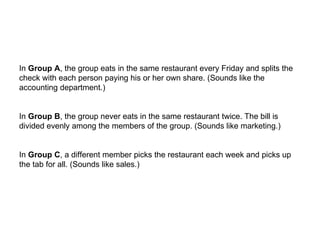 In  Group A , the group eats in the same restaurant every Friday and splits the check with each person paying his or her own share. (Sounds like the accounting department.)  In  Group B , the group never eats in the same restaurant twice. The bill is divided evenly among the members of the group. (Sounds like marketing.) In  Group C , a different member picks the restaurant each week and picks up the tab for all. (Sounds like sales.)  