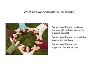 Our circle of friends has been our strength and has served as a strong support.  Our circle of friends provided the structure in our lives. Our circle of friends has supported the status quo. What can we conclude is the result? 