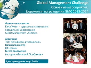 Global Management Challenge
Основные мероприятия,
Церемония награждения GMC 2013-2014
Дата проведения март 2014г.
Формат мероприятия
Гала Ужин – церемония награждения
победителей Соревнования
Global Management Challenge.
Аудитория
ТОП- менеджеры, руководители.
Количество гостей
80 человек
Место проведения
Ресторан «Липский Особнякъ»
 