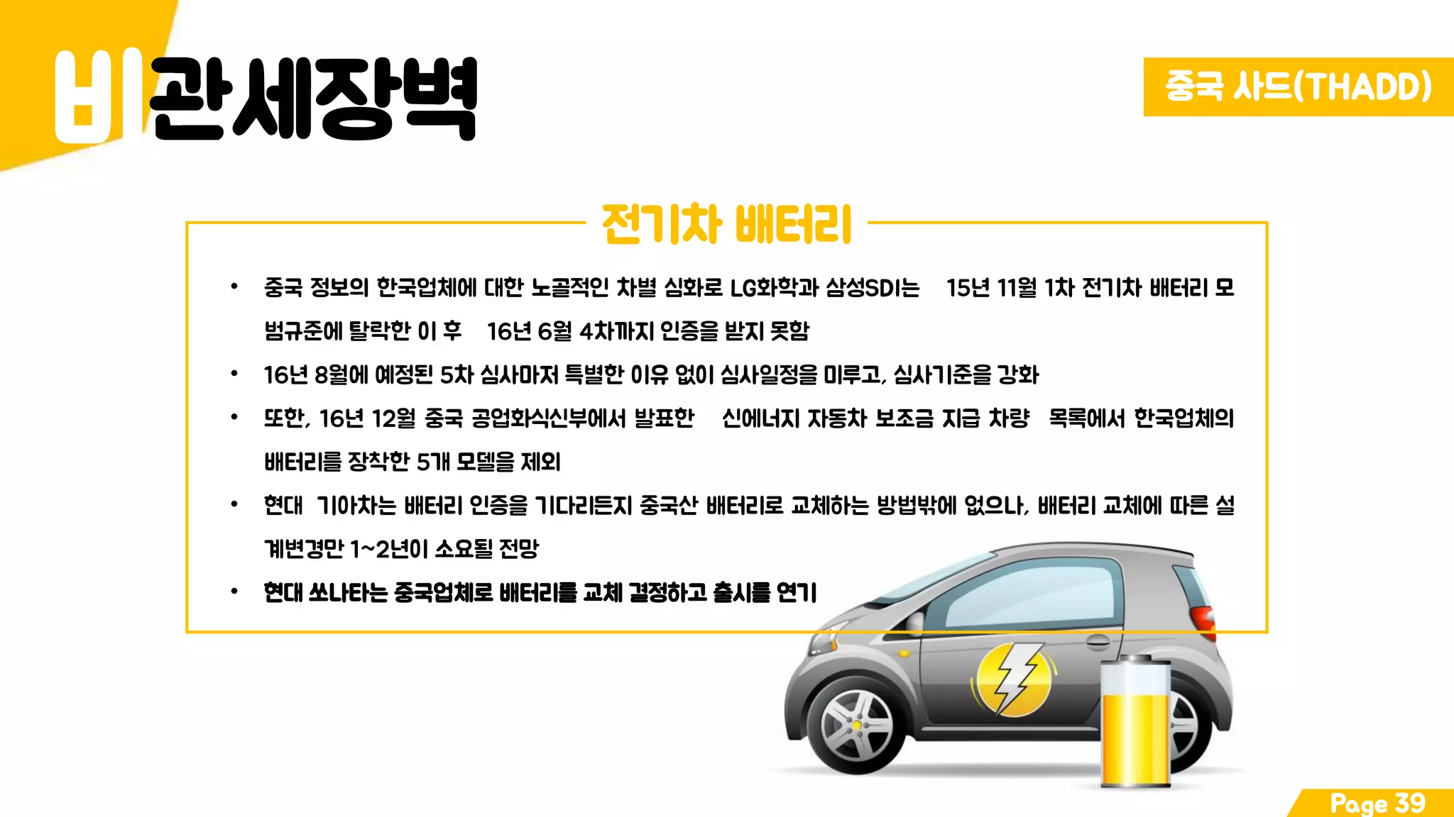 관세장벽비 중국 사드(THADD)
Page 39
전기차 배터리
• 중국 정보의 한국업체에 대한 노골적인 차별 심화로 LG화학과 삼성SDI는 15년 11월 1차 전기차 배터리 모
범규준에 탈락한 이 후 16년 6월 4차까지 인증을 받지 못함
• 16년 8월에 예정된 5차 심사마저 특별한 이유 없이 심사일정을 미루고, 심사기준을 강화
• 또한, 16년 12월 중국 공업화식신부에서 발표한 신에너지 자동차 보조금 지급 차량＇목록에서 한국업체의
배터리를 장착한 5개 모델을 제외
• 현대 기아차는 배터리 인증을 기다리든지 중국산 배터리로 교체하는 방법밖에 없으나, 배터리 교체에 따른 설
계변경만 1~2년이 소요될 전망
• 현대 쏘나타는 중국업체로 배터리를 교체 결정하고 출시를 연기
 