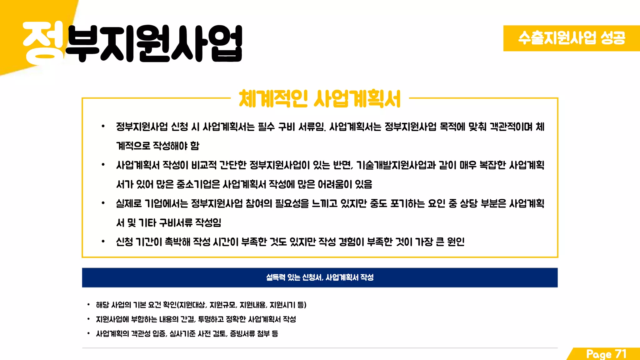 부지원사업정 수출지원사업 성공
Page 71
체계적인 사업계획서
• 정부지원사업 신청 시 사업계획서는 필수 구비 서류임. 사업계획서는 정부지원사업 목적에 맞춰 객관적이며 체
계적으로 작성해야 함
• 사업계획서 작성이 비교적 간단한 정부지원사업이 있는 반면, 기술개발지원사업과 같이 매우 복잡한 사업계획
서가 있어 많은 중소기업은 사업계획서 작성에 많은 어려움이 있음
• 실제로 기업에서는 정부지원사업 참여의 필요성을 느끼고 있지만 중도 포기하는 요인 중 상당 부분은 사업계획
서 및 기타 구비서류 작성임
• 신청 기간이 촉박해 작성 시간이 부족한 것도 있지만 작성 경험이 부족한 것이 가장 큰 원인
설득력 있는 신청서, 사업계획서 작성
• 해당 사업의 기본 요건 확인(지원대상, 지원규모, 지원내용, 지원시기 등)
• 지원사업에 부합하는 내용의 간결, 투명하고 정확한 사업계획서 작성
• 사업계획의 객관성 입증, 심사기준 사전 검토, 증빙서류 첨부 등
 