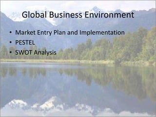 Global Business Environment
• Market Entry Plan and Implementation
• PESTEL
• SWOT Analysis

 