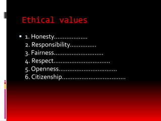 Ethical values
 1. Honesty……………....
2. Responsibility……………
3. Fairness……………………….
4. Respect…………………………..
5. Openness……………………………
6. Citizenship………………………………
 
