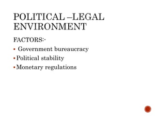 FACTORS:-
 Government bureaucracy
Political stability
Monetary regulations
 