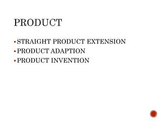 STRAIGHT PRODUCT EXTENSION
PRODUCT ADAPTION
PRODUCT INVENTION
 