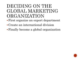 First organize an export department
Create an international division
Finally become a global organization
 