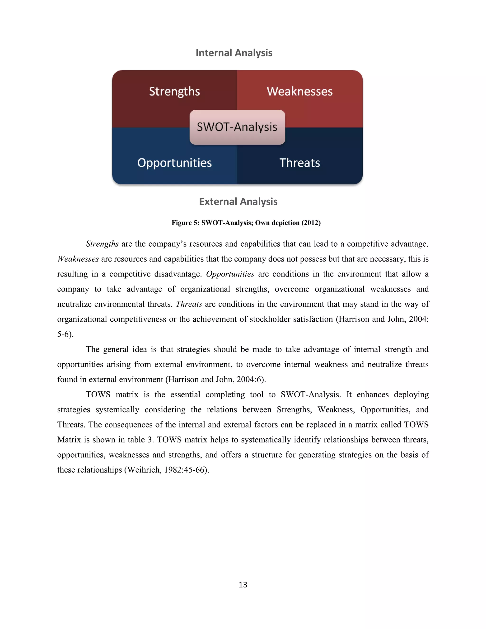 Internal Analysis




                                        External Analysis
                                Figure 5: SWOT-Analysis; Own depiction (2012)


        Strengths are the company’s resources and capabilities that can lead to a competitive advantage.
Weaknesses are resources and capabilities that the company does not possess but that are necessary, this is
resulting in a competitive disadvantage. Opportunities are conditions in the environment that allow a
company to take advantage of organizational strengths, overcome organizational weaknesses and
neutralize environmental threats. Threats are conditions in the environment that may stand in the way of
organizational competitiveness or the achievement of stockholder satisfaction (Harrison and John, 2004:
5-6).
        The general idea is that strategies should be made to take advantage of internal strength and
opportunities arising from external environment, to overcome internal weakness and neutralize threats
found in external environment (Harrison and John, 2004:6).
        TOWS matrix is the essential completing tool to SWOT-Analysis. It enhances deploying
strategies systemically considering the relations between Strengths, Weakness, Opportunities, and
Threats. The consequences of the internal and external factors can be replaced in a matrix called TOWS
Matrix is shown in table 3. TOWS matrix helps to systematically identify relationships between threats,
opportunities, weaknesses and strengths, and offers a structure for generating strategies on the basis of
these relationships (Weihrich, 1982:45-66).




                                                    13
 