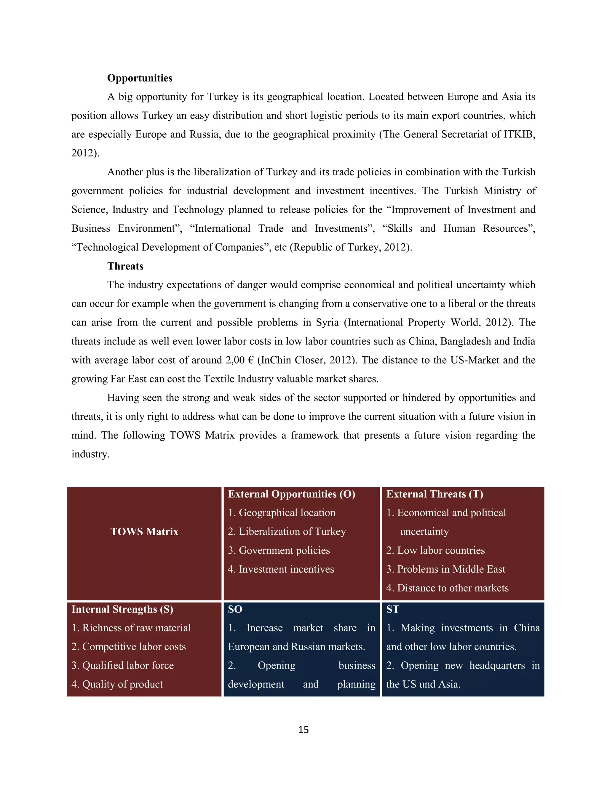 Opportunities
         A big opportunity for Turkey is its geographical location. Located between Europe and Asia its
position allows Turkey an easy distribution and short logistic periods to its main export countries, which
are especially Europe and Russia, due to the geographical proximity (The General Secretariat of ITKIB,
2012).
         Another plus is the liberalization of Turkey and its trade policies in combination with the Turkish
government policies for industrial development and investment incentives. The Turkish Ministry of
Science, Industry and Technology planned to release policies for the “Improvement of Investment and
Business Environment”, “International Trade and Investments”, “Skills and Human Resources”,
“Technological Development of Companies”, etc (Republic of Turkey, 2012).
         Threats
         The industry expectations of danger would comprise economical and political uncertainty which
can occur for example when the government is changing from a conservative one to a liberal or the threats
can arise from the current and possible problems in Syria (International Property World, 2012). The
threats include as well even lower labor costs in low labor countries such as China, Bangladesh and India
with average labor cost of around 2,00 € (InChin Closer, 2012). The distance to the US-Market and the
growing Far East can cost the Textile Industry valuable market shares.
         Having seen the strong and weak sides of the sector supported or hindered by opportunities and
threats, it is only right to address what can be done to improve the current situation with a future vision in
mind. The following TOWS Matrix provides a framework that presents a future vision regarding the
industry.


                                     External Opportunities (O)           External Threats (T)
                                     1. Geographical location             1. Economical and political
            TOWS Matrix              2. Liberalization of Turkey               uncertainty
                                     3. Government policies               2. Low labor countries
                                     4. Investment incentives             3. Problems in Middle East
                                                                          4. Distance to other markets
Internal Strengths (S)               SO                                   ST
1. Richness of raw material          1. Increase market share in 1. Making investments in China
2. Competitive labor costs           European and Russian markets.        and other low labor countries.
3. Qualified labor force             2.     Opening             business 2. Opening new headquarters in
4. Quality of product                development      and       planning the US und Asia.



                                                      15
 