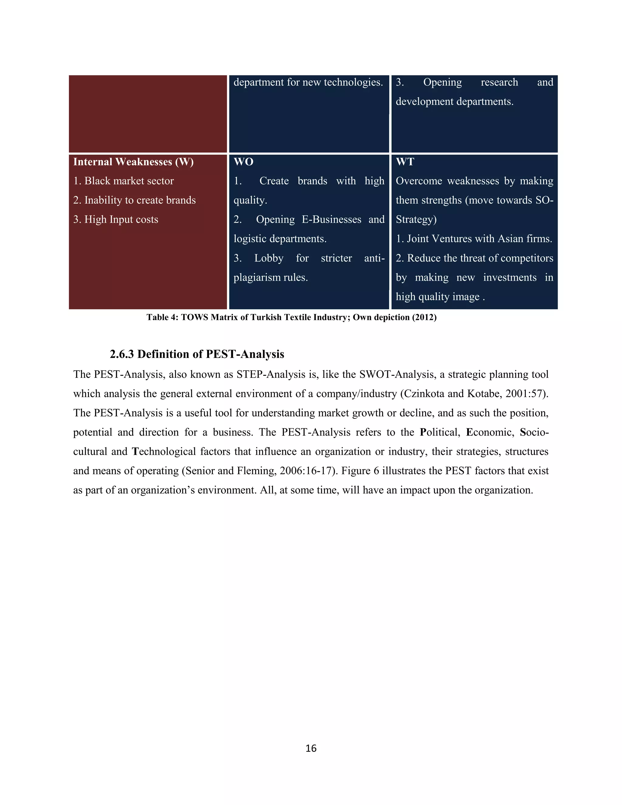 department for new technologies.       3.    Opening      research    and
                                                                             development departments.




Internal Weaknesses (W)               WO                                     WT
1. Black market sector                1.    Create brands with high          Overcome weaknesses by making
2. Inability to create brands         quality.                               them strengths (move towards SO-
3. High Input costs                   2.   Opening E-Businesses and Strategy)
                                      logistic departments.                  1. Joint Ventures with Asian firms.
                                      3.   Lobby     for    stricter   anti- 2. Reduce the threat of competitors
                                      plagiarism rules.                      by making new investments in
                                                                             high quality image .
                 Table 4: TOWS Matrix of Turkish Textile Industry; Own depiction (2012)



        2.6.3 Definition of PEST-Analysis
The PEST-Analysis, also known as STEP-Analysis is, like the SWOT-Analysis, a strategic planning tool
which analysis the general external environment of a company/industry (Czinkota and Kotabe, 2001:57).
The PEST-Analysis is a useful tool for understanding market growth or decline, and as such the position,
potential and direction for a business. The PEST-Analysis refers to the Political, Economic, Socio-
cultural and Technological factors that influence an organization or industry, their strategies, structures
and means of operating (Senior and Fleming, 2006:16-17). Figure 6 illustrates the PEST factors that exist
as part of an organization’s environment. All, at some time, will have an impact upon the organization.




                                                       16
 