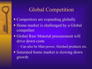 Global Competition Competitors are expanding globally Home market is challenged by a Global competitor Global Raw Material procurement will drive down costs Can also be Man power, finished products etc. Saturated home market is slowing down growth 