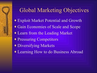 Global Marketing Objectives Exploit Market Potential and Growth Gain Economies of Scale and Scope Learn from the Leading Market Pressuring Competitors Diversifying Markets Learning How to do Business Abroad 
