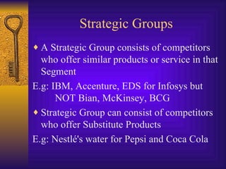 Strategic Groups A Strategic Group consists of competitors who offer similar products or service in that Segment E.g: IBM, Accenture, EDS for Infosys but  NOT Bian, McKinsey, BCG Strategic Group can consist of competitors who offer Substitute Products E.g: Nestlé's water for Pepsi and Coca Cola 