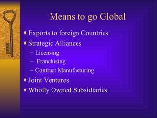 Means to go Global Exports to foreign Countries Strategic Alliances Licensing Franchising Contract Manufacturing Joint Ventures Wholly Owned Subsidiaries 