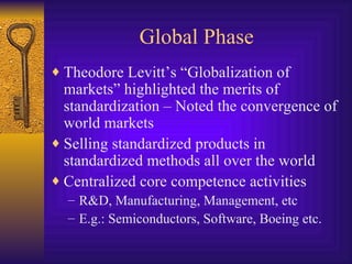 Global Phase Theodore Levitt’s “Globalization of markets” highlighted the merits of standardization – Noted the convergence of world markets Selling standardized products in  standardized methods all over the world Centralized core competence activities R&D, Manufacturing, Management, etc E.g.: Semiconductors, Software, Boeing etc. 