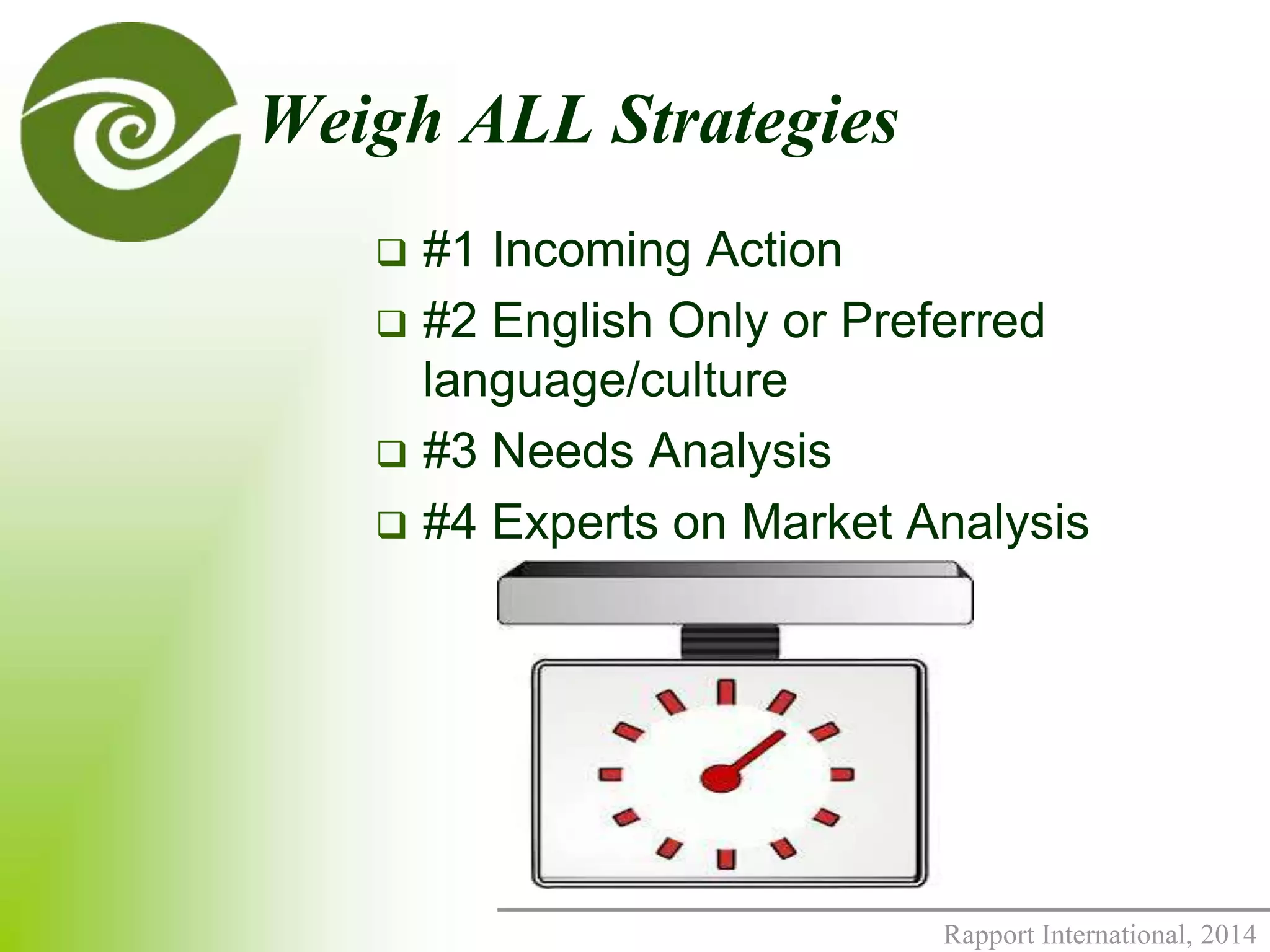 Rapport International, 2014 
Weigh ALL Strategies 
 #1 Incoming Action 
 #2 English Only or Preferred 
language/culture 
 #3 Needs Analysis 
 #4 Experts on Market Analysis 
 